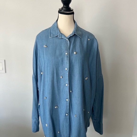 Zara Woman Peal Embellished Chambray Top - Picture 9 of 11